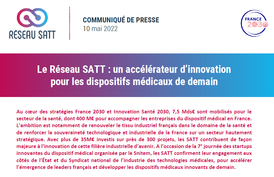 Communiqué presse Réseau SATT, accélérateur des dispositifs médicaux innovants